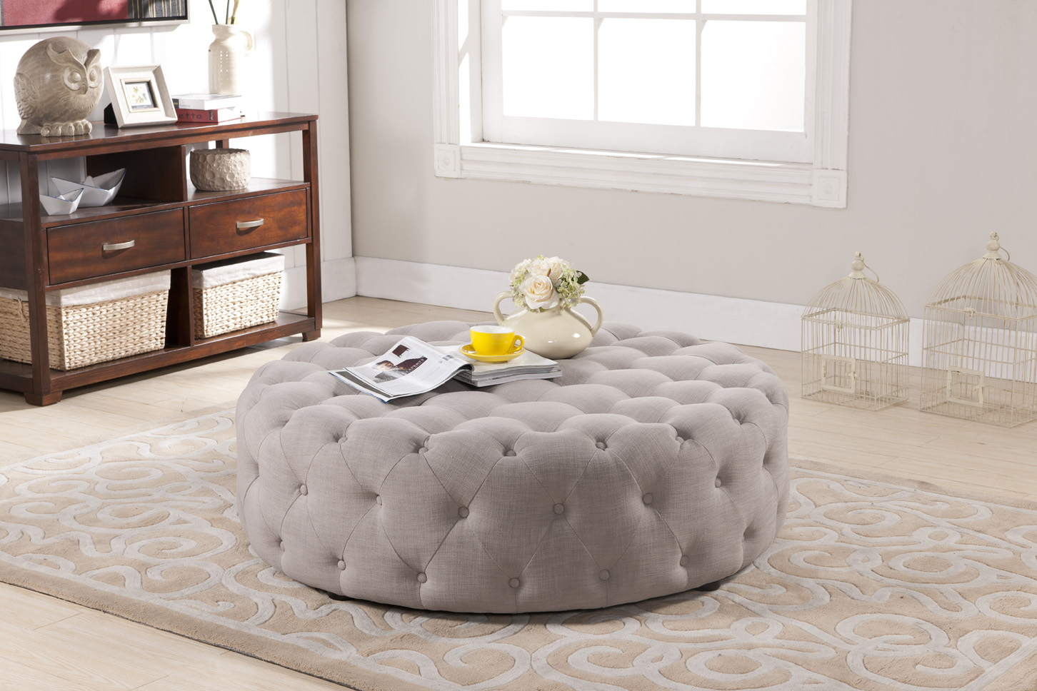 Baxton Studio Cardiff Beige Linen Modern Tufted Ottoman