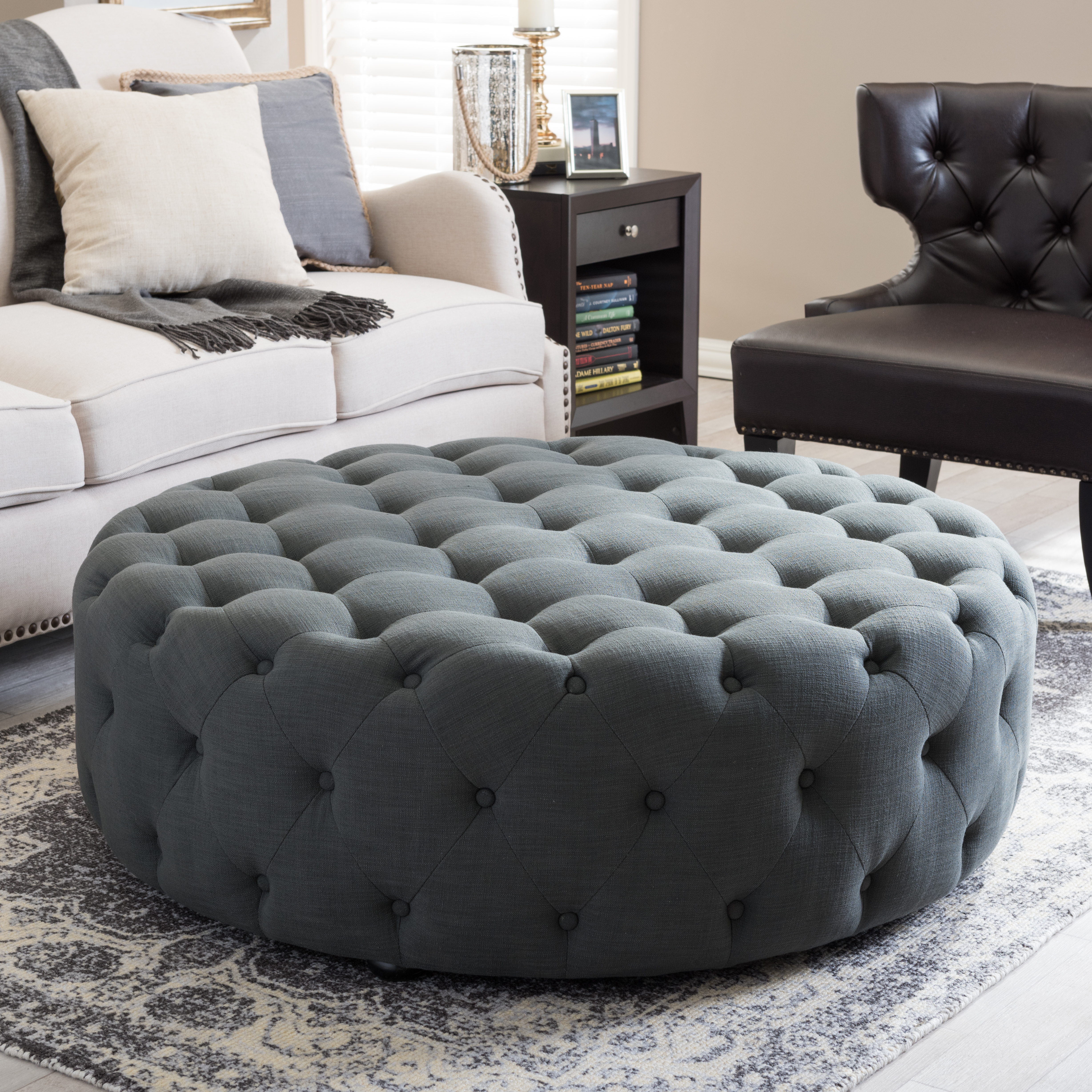 Baxton Studio Cardiff Dark Gray Linen Modern Tufted Ottoman