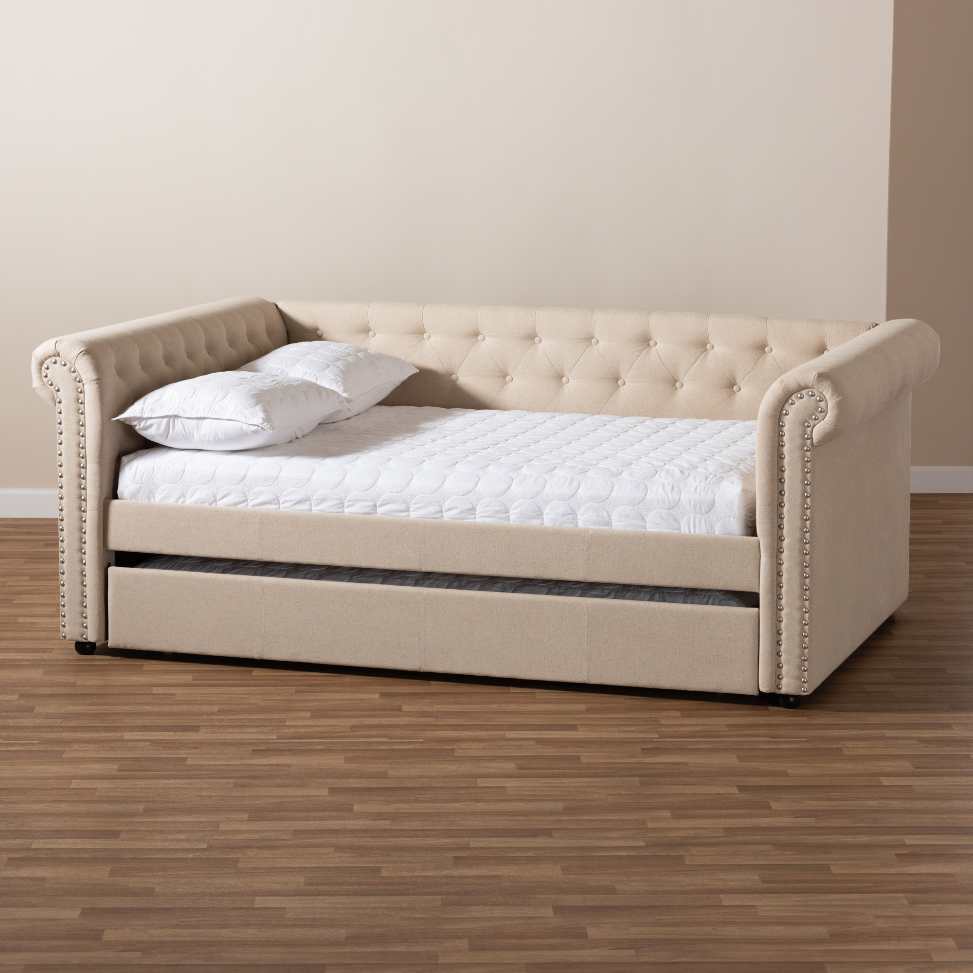 Mabelle Button Tufted Beige Rolled Arms Sofa Daybed Bed Frame W Pull Out Trundle Ebay