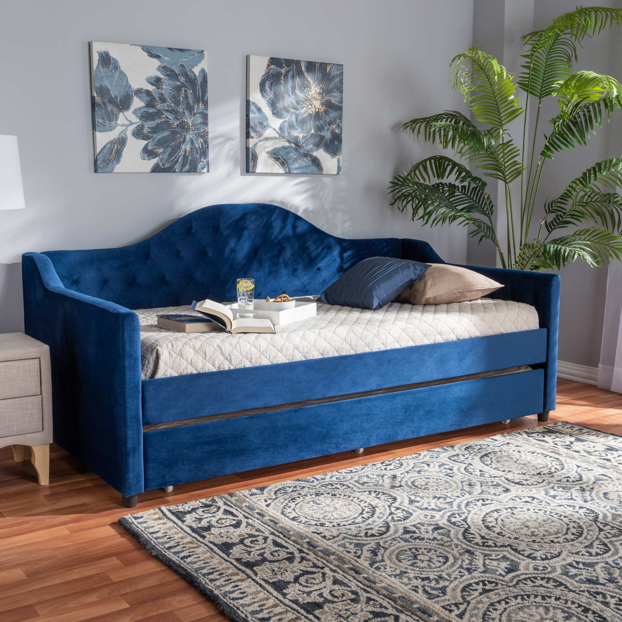 Perry Modern Blue Velvet Tufted Sofa Daybed Frame with Pull-Out Guest Trundle | eBay