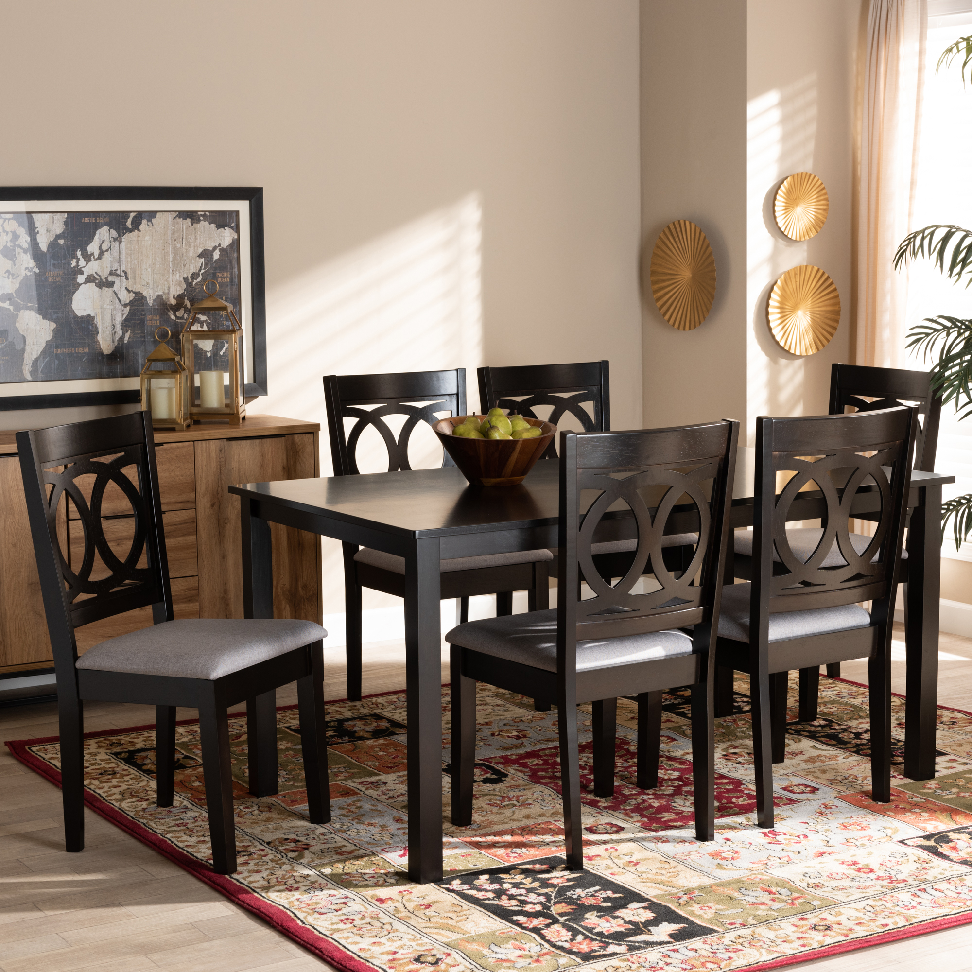 Lenoir 7pc Modern Fabric Espresso Finish Cutout Circles Chairs Dining Table Set Ebay