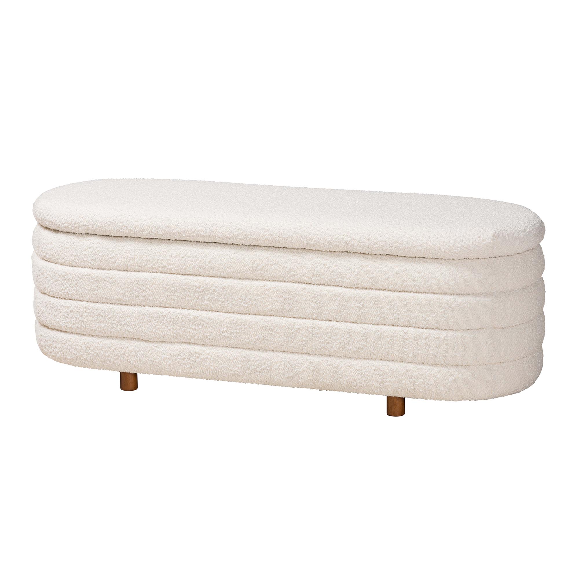 Beige Fur Footrest with Storage and Stable Wooden Legs