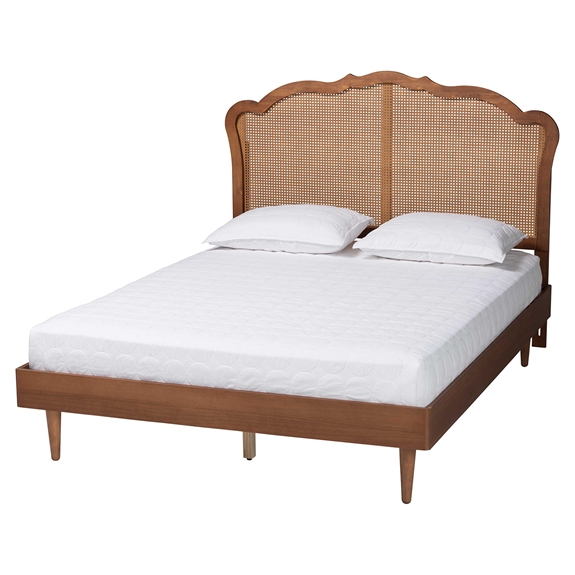 Baxton Studio Camden Mid-Century Walnut Brown Wood and Rattan King Size Platform Bed