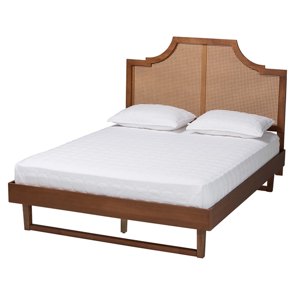 Baxton Studio Francine Mid-Century Modern Ash Walnut Woven Rattan Queen Size Bed