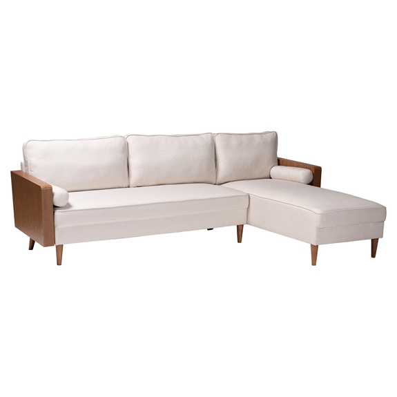 Baxton Studio Harleson Mid-Century Modern Beige Fabric and Walnut Brown Wood Right Facing Sectional Sofa