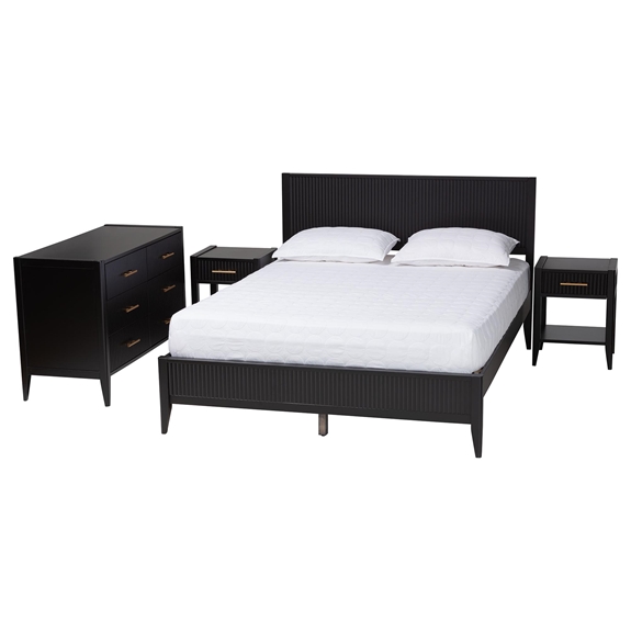 Baxton Studio Primrose Mid-Century Black Fluted Wood Queen Size 4-Piece Bedroom Set