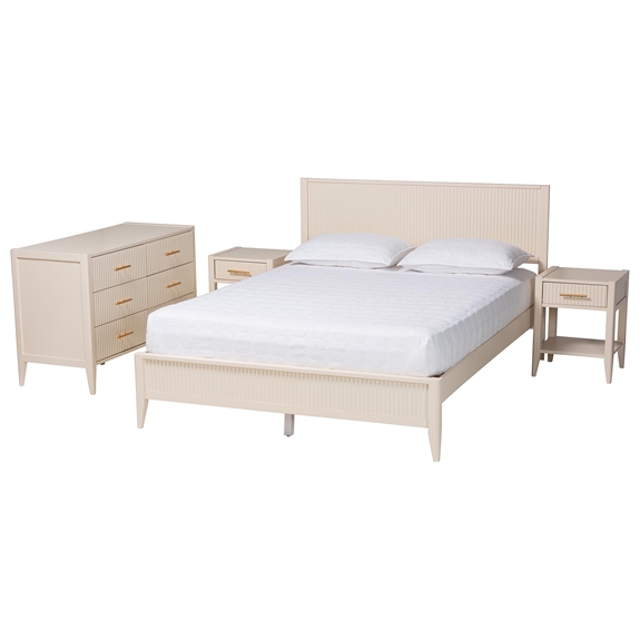 Baxton Studio Primrose Mid-Century Ivory Fluted Wood King Size 4-Piece Bedroom Set