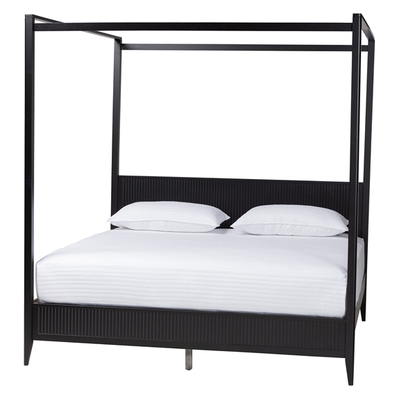 Baxton Studio Primrose Mid-Century Black Fluted Wood King Size Canopy Bed