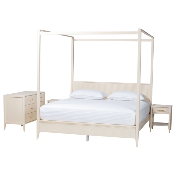 Baxton Studio Primrose Mid-Century Ivory Fluted Wood King Size 4-Piece Canopy Bedroom Set