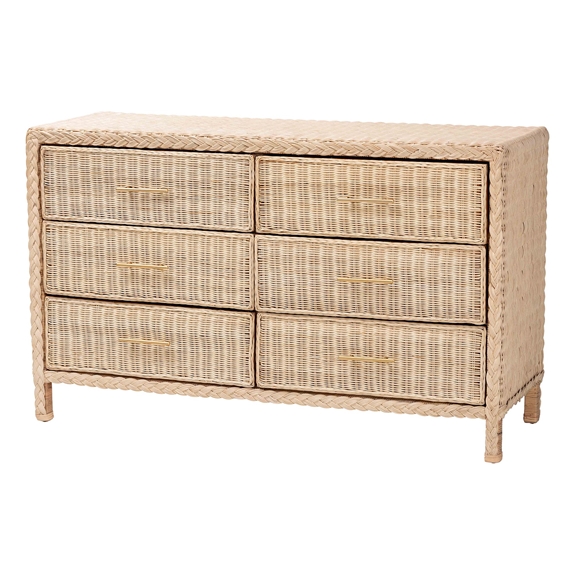 bali & pari Lanica Japandi Sun-Bleached Braided Rattan 6-Drawer Dresser